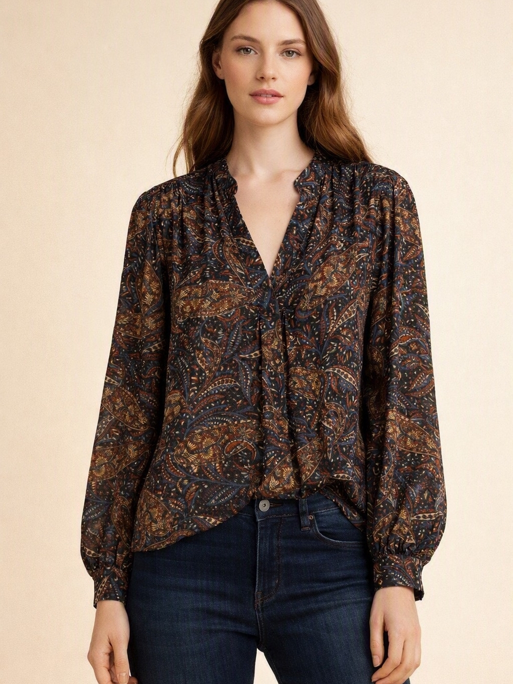 Ann Taylor Navy Paisley Button-Front Blouse - Picture 4 of 11
